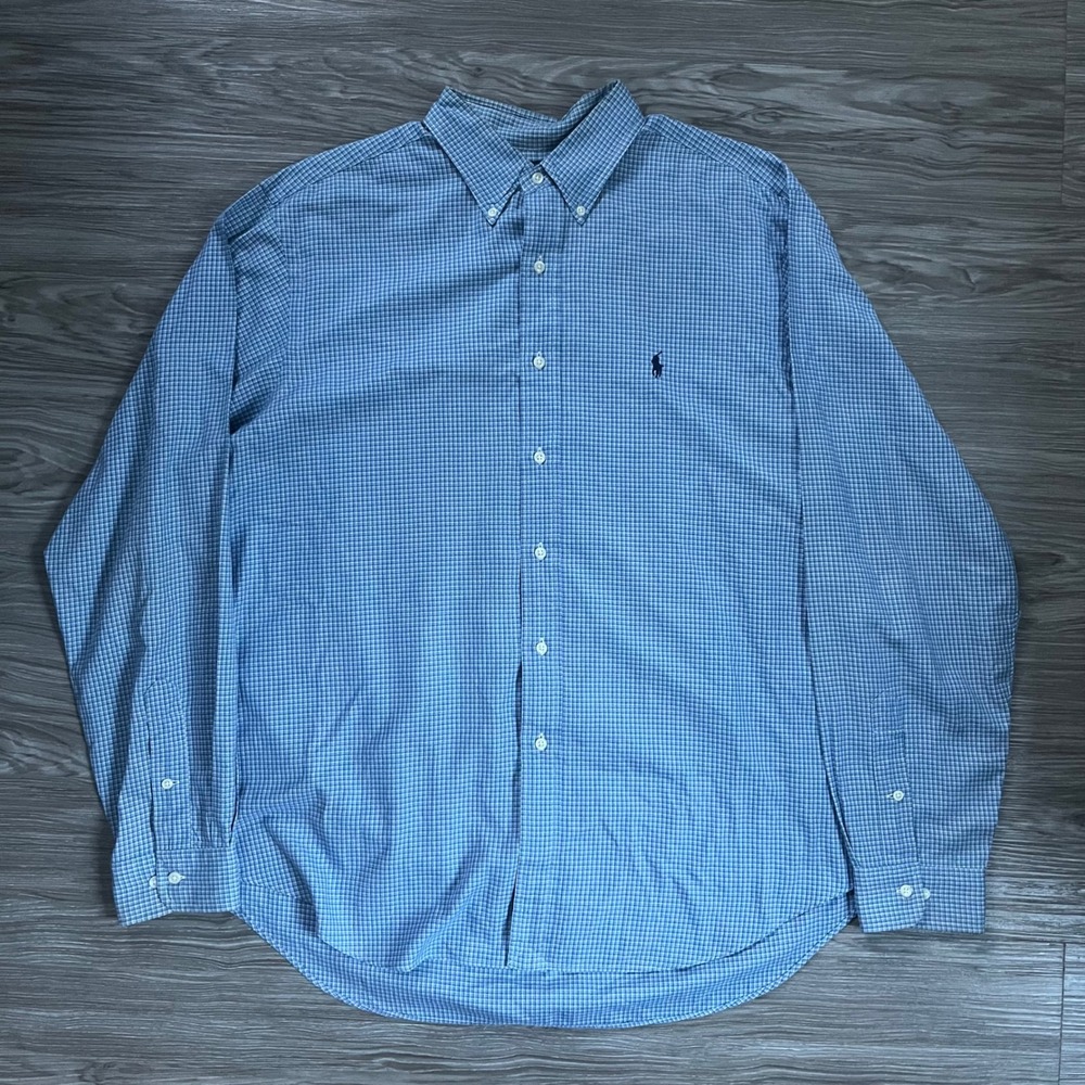 Ralph Lauren Classic Fit Blue Check Button Down Shirt Mens XL 17 Long Sleeve